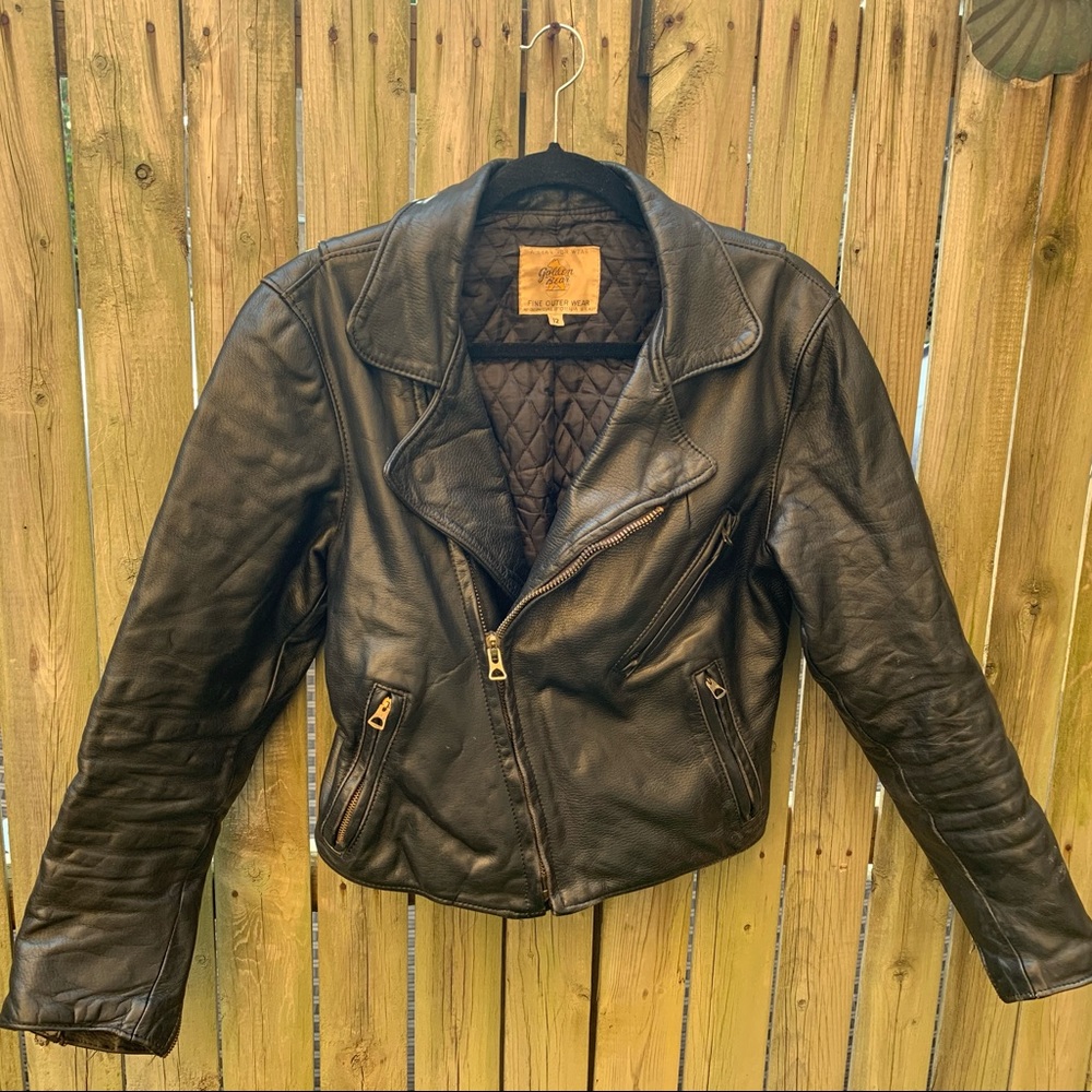 VINTAGE BLACK GOLDEN BEAR MOTORCYCLE STYLE LEATHER JACKET WOMENS GRUNGE
